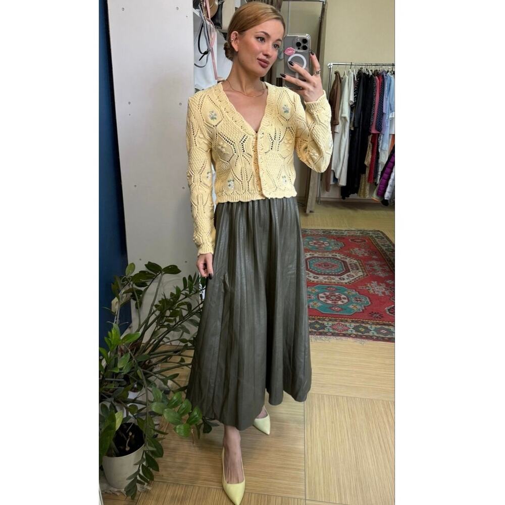 Zara Knit Cardigan Cotton Floral Embroidered Sz Large Butter Yellow Twee - Picture 9 of 9